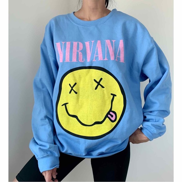 NIRVANA SMILEY FLEECES CREW NECK SWEATER - BABY BLUE SIZE L - Picture 3 of 5
